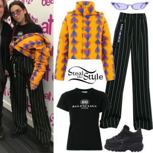 Dua Lipa: Orange Printed Jacket, Striped Pants | Steal Her Style