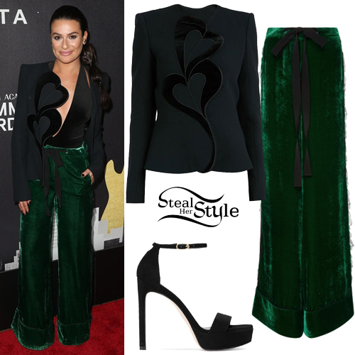 Lea Michele: Black Blazer, Green Velvet Pants