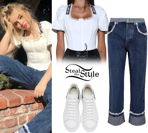 Carpenter: White Corset Top, Blue Jeans | Steal Her Style