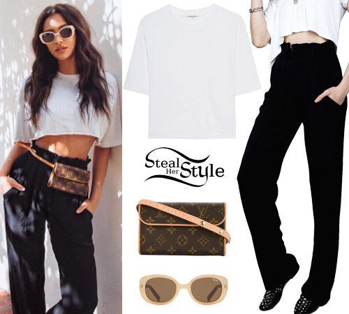 Shay Mitchell: White Crop Tee, Black Pants | Steal Her Style