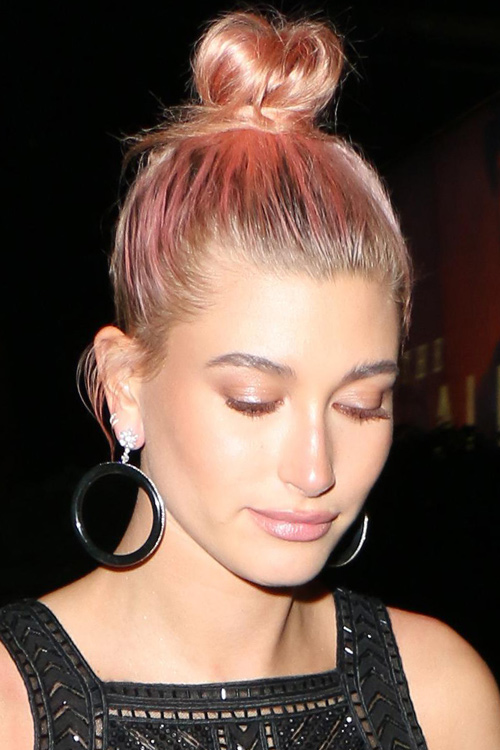 Hailey Baldwin Straight Light Brown Bun Uneven Color Hairstyle Steal Her Style 3477