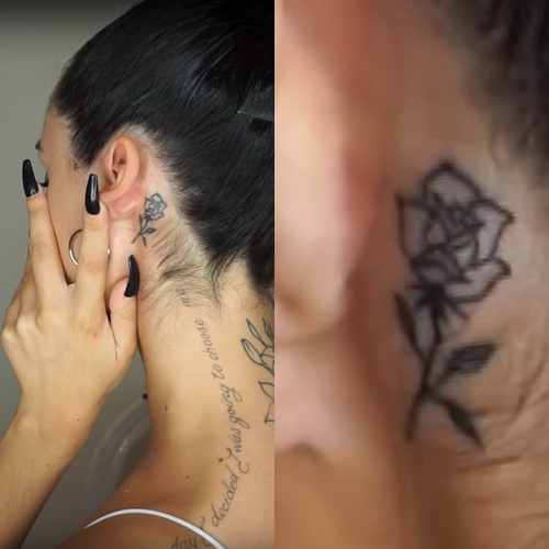 Fine line rose tattoo behin Ambrxses ear