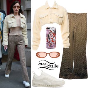 Bella Hadid: Crop Shearling Jacket, Printed Pants | Steal Her Style