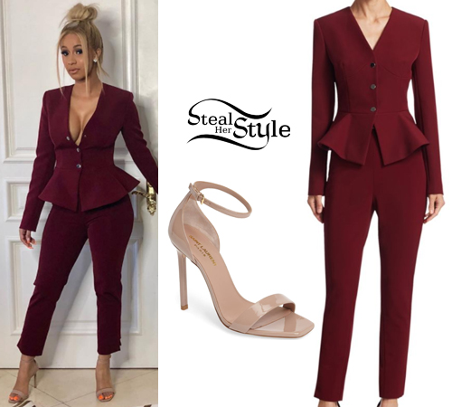 Cardi B: Burgundy Peplum Suit, Beige Sandals