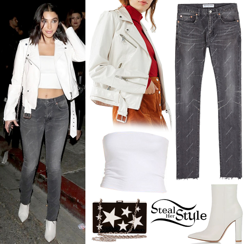 Chantel Jeffries: White Leather Jacket, Grey Jeans | Steal Her Style