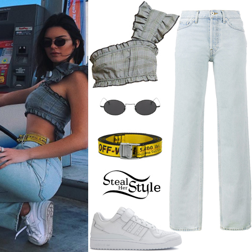 Kendall Jenner: Plaid Ruffle Top, White Sneakers | Steal Her Style