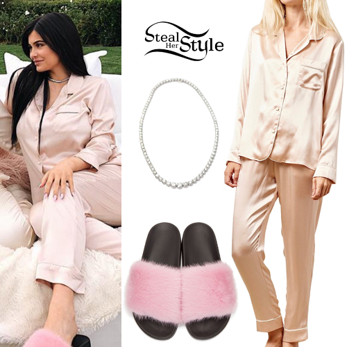 Kylie Jenner in pink silk pajama set with pink fur slides at her baby  shower ~ I want her style - What celebrities wore and where to buy it.  Celebrity Style