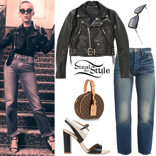 Millie Bobby Brown: Crop Leather Jacket, Straight Jeans