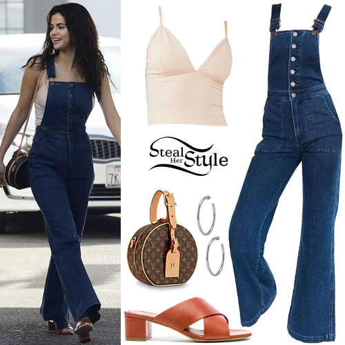 Selena Gomez: Denim Overalls, Brown Sandals