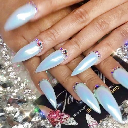 Cardi B Light Blue Nail Art, Studs Nails | Steal Her Style