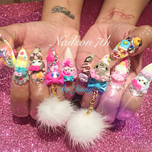 Cardi B Pink, White, Yellow Bows, Charms, Hello Kitty, Nail Art
