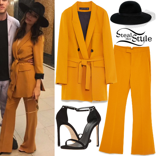 Emily Ratajkowski: Mustard Suit, Black Sandals | Steal Her Style