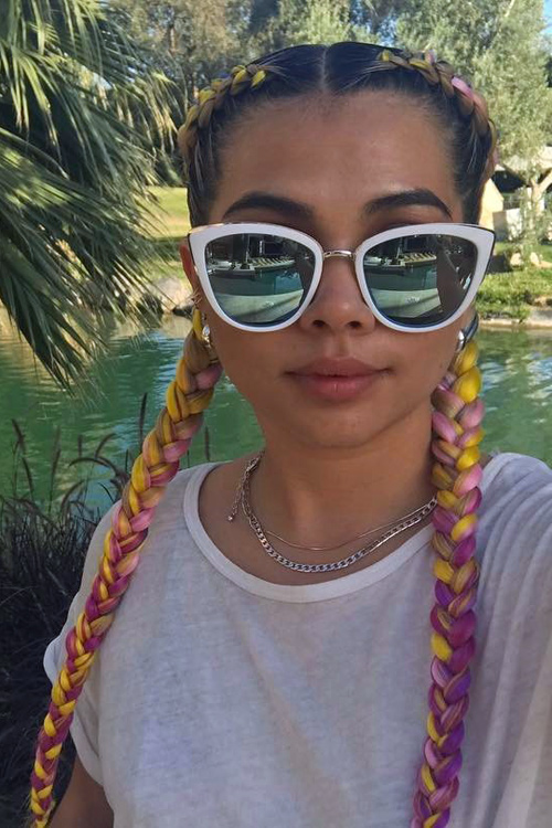 Hayley Kiyoko Straight Medium Brown Extensions, Pigtail Braids, Tri ...
