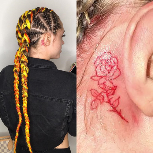 Lil behind the ear banger. 🌹🖤 #rosetattoo #smallrosetattoo  #behindeartattoo #tattoo #tattoos #tattooer #popculture #popcultureart... |  Instagram