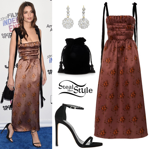 Emily Ratajkowski: Floral Satin Dress, Black Sandals | Steal Her Style