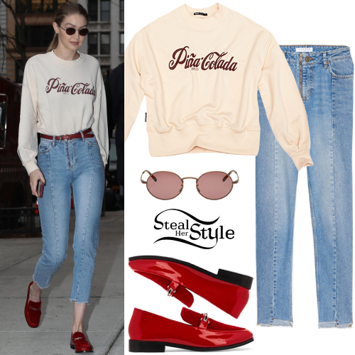 Gigi Hadid Pina Colada Sweatshirt and Red Shoes For Less - The Budget Babe