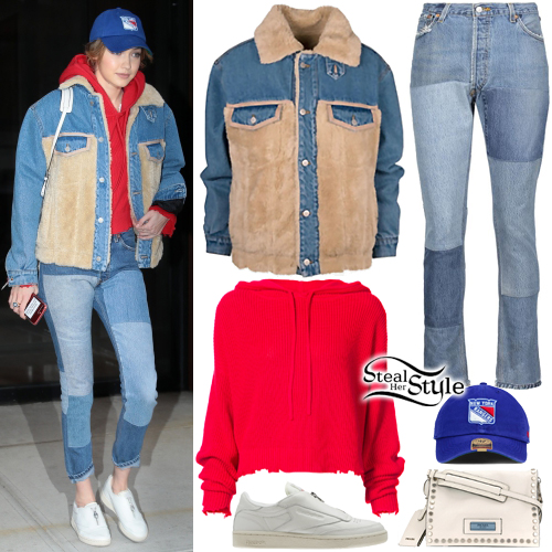 Gigi Hadid: Red Hoodie, Patchwork Jeans
