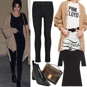 Selena Gomez: Beige Cardigan, Black Tee & Jeans | Steal Her Style