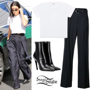 Kourtney Kardashian: White T-Shirt, Wide-Leg Pants | Steal Her Style
