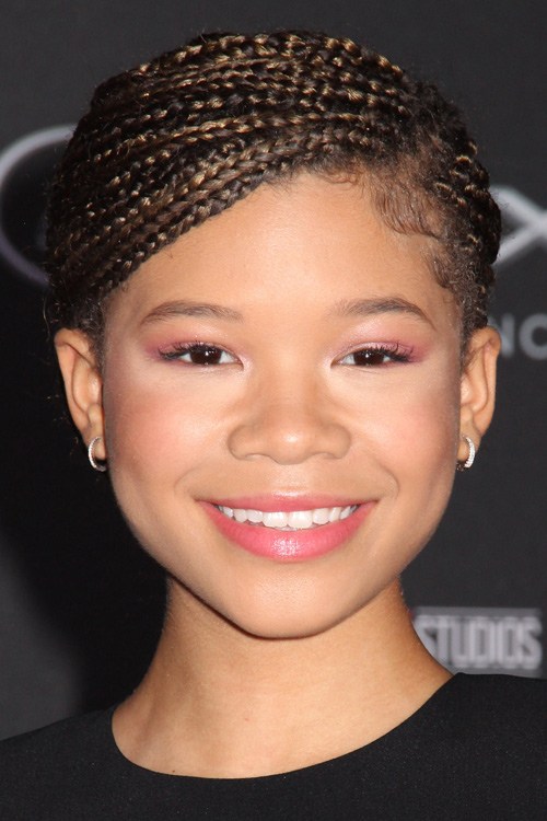 Storm Reid Curly Dark Brown Afro, All-over Highlights, Bun, Mini Braids 