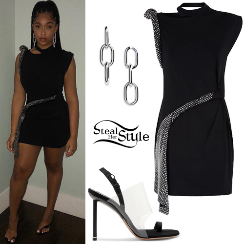 Jordyn Woods: Black Mini Dress, Perspex Sandals