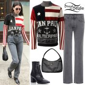Kendall Jenner: Flag Sweater, Grey Straight Jeans | Steal Her Style