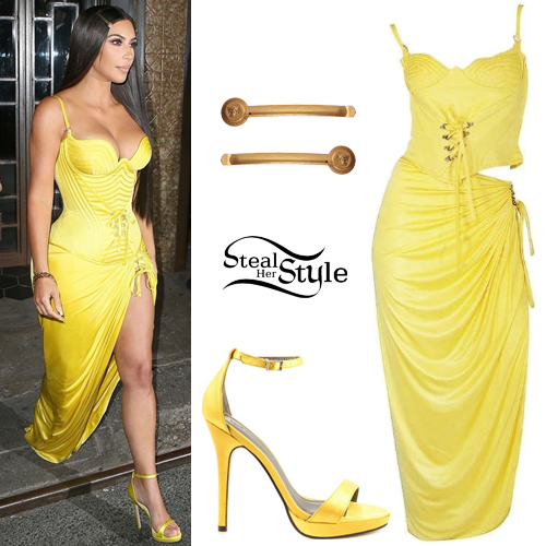Kim Kardashian: Yellow Dress, Satin Sandals