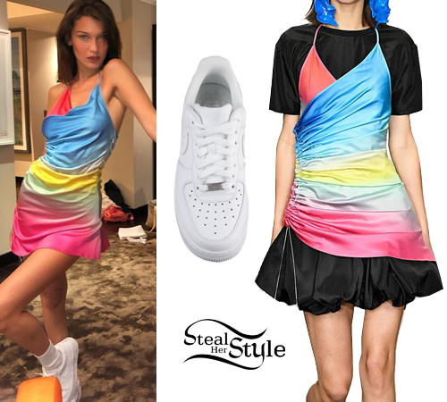 Bella Hadid: Rainbow Dress, White Sneakers | Steal Her Style