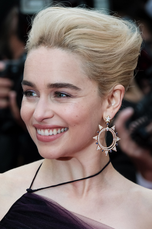 Emilia Clarke Straight Platinum Blonde Beehive, Updo Hairstyle | Steal