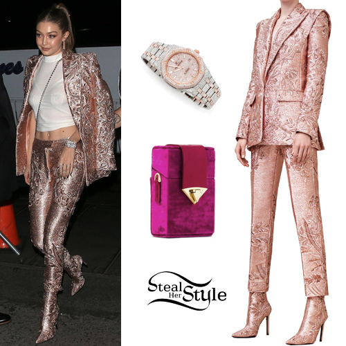 Gigi Hadid: Pink Jacquard Suit, Velvet Bag | Steal Her Style