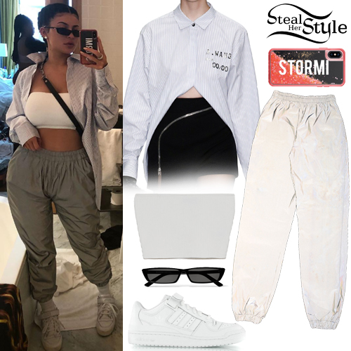 Kylie Jenner's Vertical Stripe Pants and White Sneakers Look for