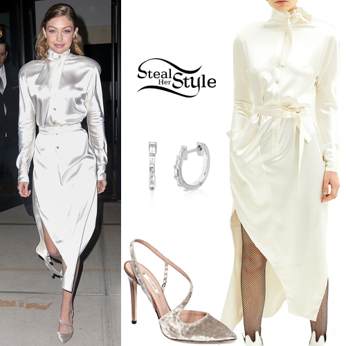 Gigi Hadid: White Satin Dress, Velvet Pumps | Steal Her Style