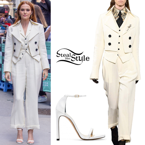 Zoey Deutch: Ivory Suit, White Sandals | Steal Her Style
