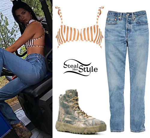Kendall Jenner: Striped Bikini Top, Camo Boots | Steal Her Style