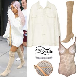 Ariana Grande: White Denim Jacket, Suede Boots | Steal Her Style