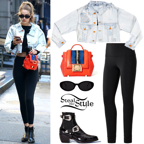Gigi Hadid: Crop Denim Jacket, Black Leggings