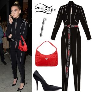 Amanda Steele: Black Catsuit, Red Mini Bag | Steal Her Style