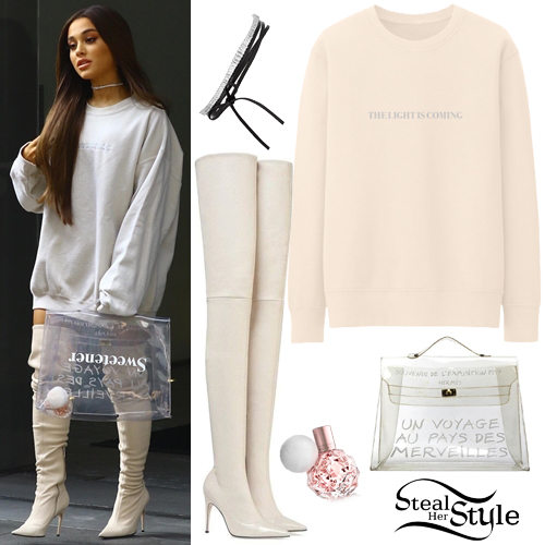 Tilfældig Skyldig Kurve Ariana Grande: Oversized Sweatshirt, Beige Boots | Steal Her Style