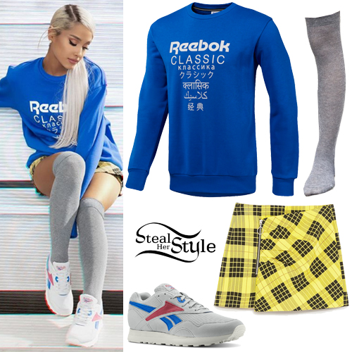 Persuasion Mærkelig Evakuering Ariana Grande: Blue Sweatshirt, Yellow Check Skirt | Steal Her Style