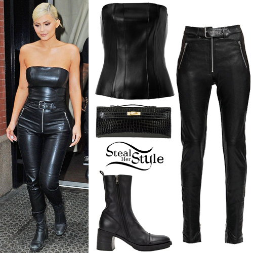 Blonde Kylie Jenner wears leather pants and corset top