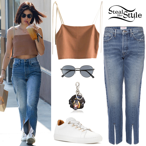 Lucy Hale looks cute in a crop top and jeans while she drops off a