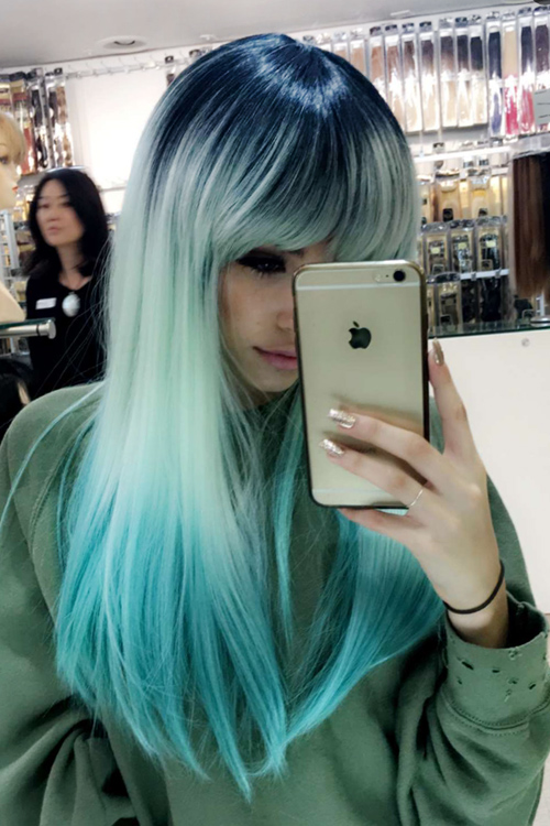 Madison Beer Straight Blue Curved Bangs, Dark Roots, Ombré 
