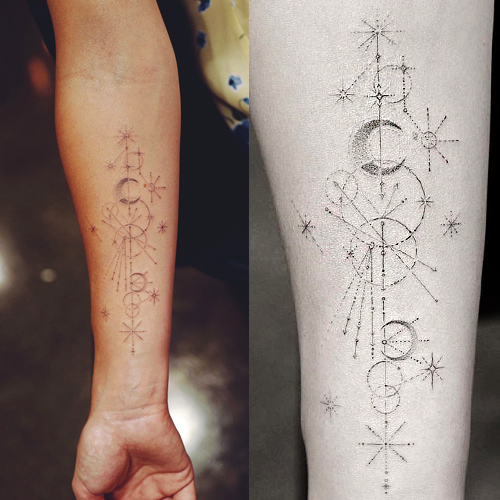 Olivia Wilde Galaxy Print, Star, Star and Crescent Forearm Tattoo | Steal  Her Style