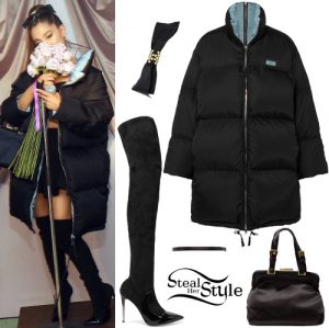 Ariana Grande: Black Quilted Jacket, Suede Boots | Steal Her Style