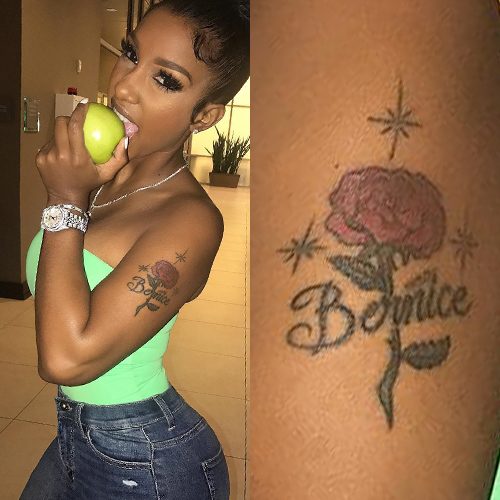 Bernice Burgos Name Rose Writing Upper Arm Tattoo Steal Her Style