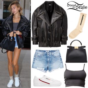 Hailey Baldwin: Leather Jacket, Denim Shorts | Steal Her Style