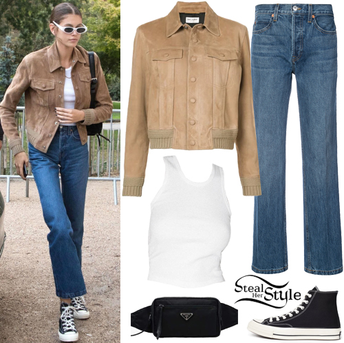 Kaia Gerber Suede Jacket Blue Jeans Steal Her Style