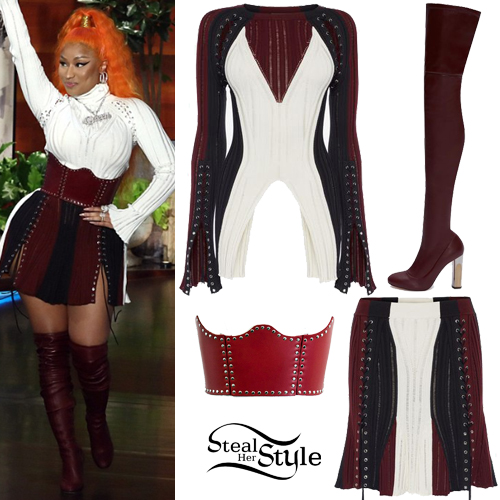 Nicki Minaj: White Knit Top, Striped Skirt