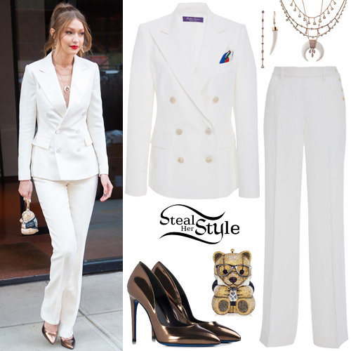 Gigi Hadid: White Suit, Bronze Pumps