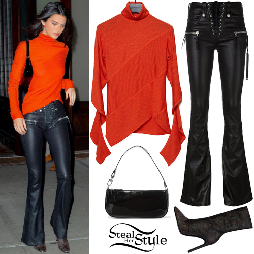 Kendall Jenner: Red Turtleneck, Leather Pants